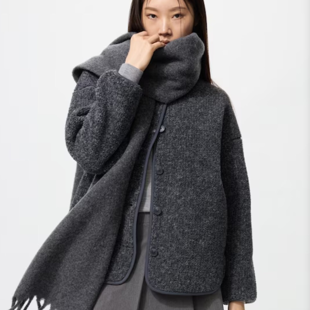 NWT- Uniqlo Pile Lined Fleece Relaxed Cardigan, Dark Gray, Size Large
